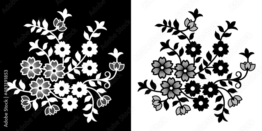 2 versions d’une silhouette d’un bouquet de fleurs vintage - 1 bouquet blanc et 1 noir.