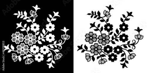2 versions d’une silhouette d’un bouquet de fleurs vintage - 1 bouquet blanc et 1 noir.