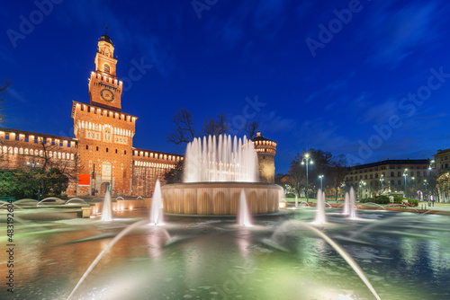Sforzesco Castle and fountain in Milan, Italy