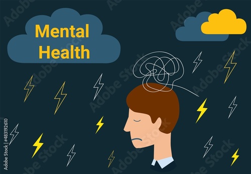 Depressed or mental illness. Head profile with storm cloud.