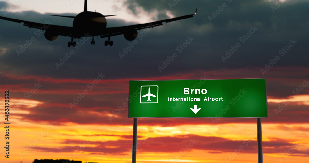 Obraz na płótnie Plane landing in Brno Czech airport with signboard w salonie