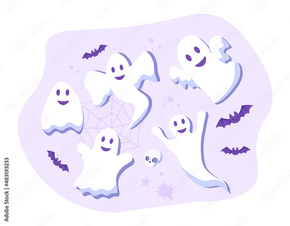 Set of ghosts. Scary and horror picture for Halloween. Decoration of greeting and invitation cards, graphic elements for website. CArtoon flat vector illustration isolated on white background Set of ghosts. Scary and horror picture for Halloween. Decoration of greeting and invitation cards, graphic elements for website. CArtoon flat vector illustration isolated on white background
