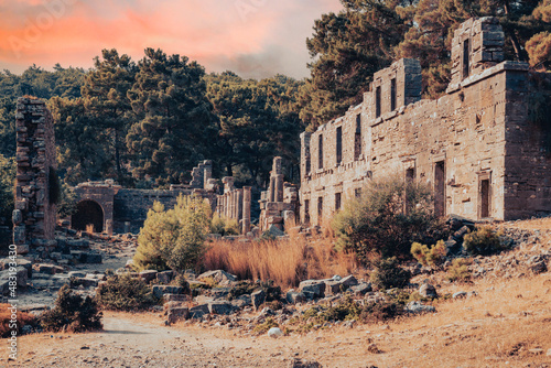 Ruins of Seleukeia (Pamphylia, Lyrbe) Ancient Greek city on the Mediterranean coast of Pamphylia. Side, Antalya, Turkey. photo