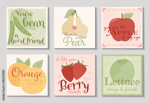 A set of six cute cards with fun fruit and vegetable designs.
