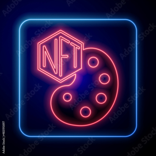 Glowing neon NFT Digital crypto art icon isolated on black background. Non fungible token. Vector