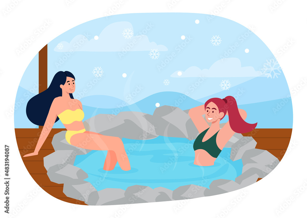 Women in hot pool. Girlfriends relaxing in jacuzzi, sauna or bath. Joint rest after work. Entertainment and relaxation, muscle recovery. Comfort in winter day. Cartoon flat vector illustration