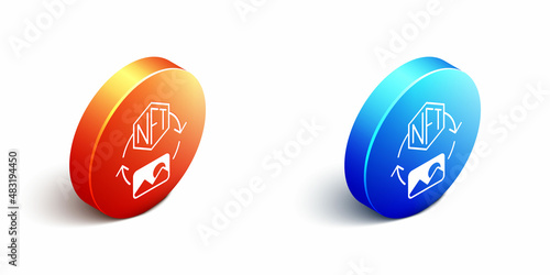 Isometric NFT Digital crypto art icon isolated on white background. Non fungible token. Orange and blue circle button. Vector