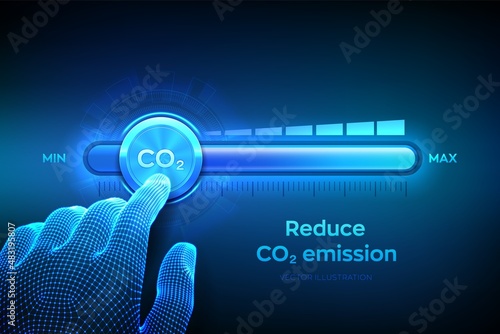 Carbon dioxide emissions control concept. Reduce CO2 level. Wireframe hand is pulling to the minimum position carbon dioxide progress bar. CO2 reduction or removal concept. Vector illustration.