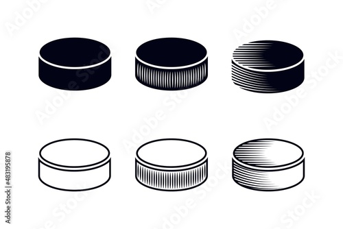 Ice hockey pucks set. Set of silhouette, outline, line icons for sports, logo, winter games design isolated on white background