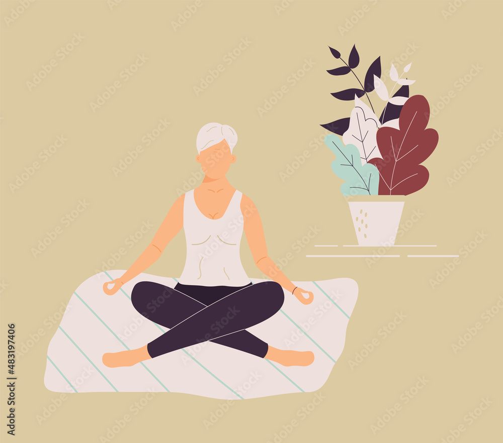 Elderly funny woman in yoga lotus position doing meditation, mindfulness practice,spiritual discipline at home or gym.Cute old female sitting on mat and meditating.Vector illustration Elderly funny woman in yoga lotus position doing meditation, mindfulness practice,spiritual discipline at home or gym.Cute old female sitting on mat and meditating.Vector illustration