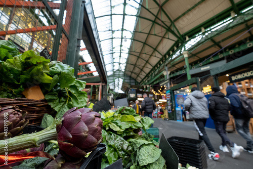 Photography Market stalls at Borough Market, partially covered urban market in Southwark, east London, with a wide range of food and drink stalls