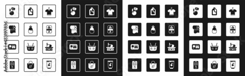 Set T-shirt, Toilet paper roll, Supermarket food products with price label, Fish plastic tray container, Bottle for cleaning agent, Electronic scales and Identification badge icon. Vector