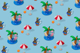 Trendy summer pattern made with various summer things on bright blur background.