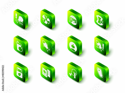 Set Acorn, Vegan food diet, No leather, fish, Steak meat, Apple, Genetically modified chicken and Vegetarian menu icon. Vector