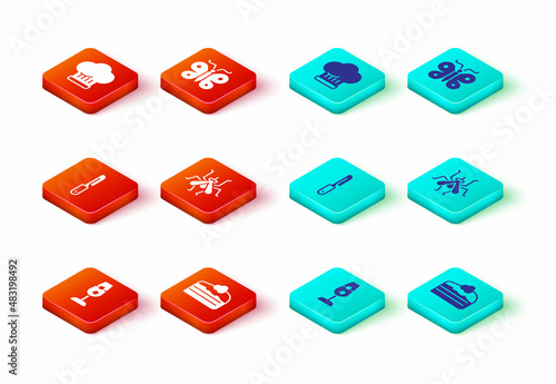 Set Wine glass, Piece of cake, Knife, Mosquito, Butterfly and Chef hat icon. Vector
