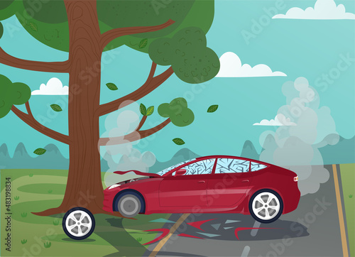 Car hit tree. Accident  driver lost control  traffic accident. Careless driving. Broken vehicle and big problems  difficulties  failures  danger on city street. Cartoon flat vector illustration