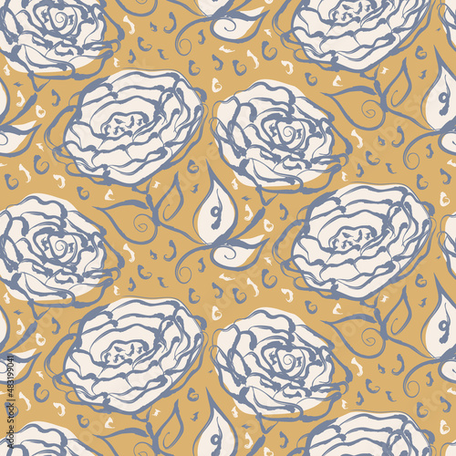 French yellow blue floral linen seamless pattern with 2 tone country cottage style botanical motif. Simple vintage rustic fabric textile effect. Primitive modern shabby chic design.
