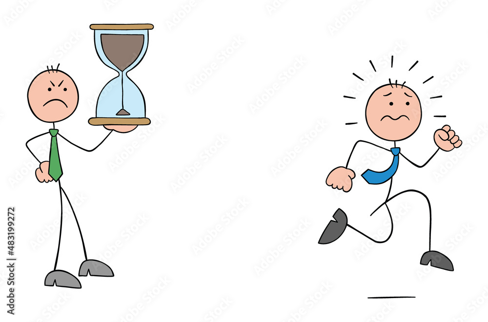 Angry evil stickman boss holding hourglass and stickman employee running to complete project before deadline Angry evil stickman boss holding hourglass and stickman employee running to complete project before deadline