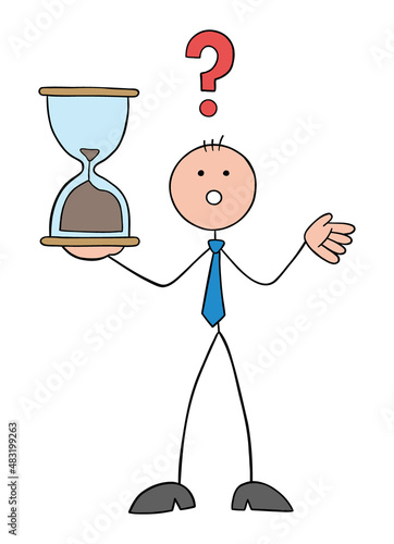 Stickman businessman is holding an almost-ending hourglass and is nervous, deadline is near and the task could not be completed