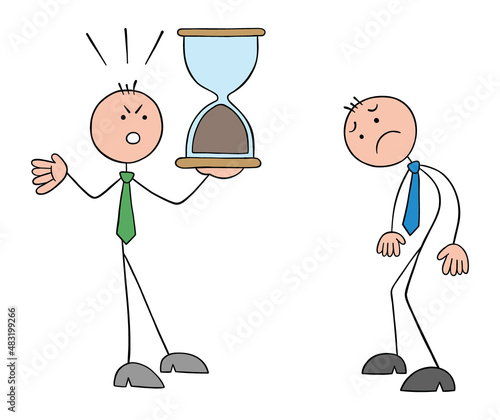 Frustrated stickman boss holding finished hourglass and shouting at employee, stickman employee is very upset, deadline is over and the task could not be completed