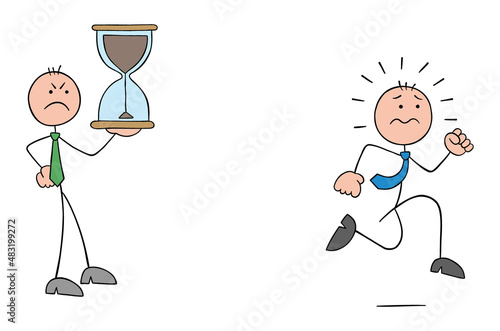 Angry evil stickman boss holding hourglass and stickman employee running to complete project before deadline