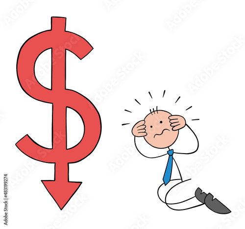 Stickman businessman is kneeling next to the falling dollar icon and devastated for his lost money, hand drawn outline cartoon vector illustration