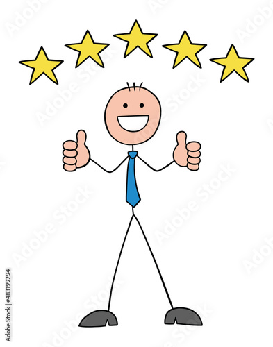 Stickman businessman gives 5 stars to the service or product he receives as a customer and shows thumbs up, hand drawn cartoon vector illustration