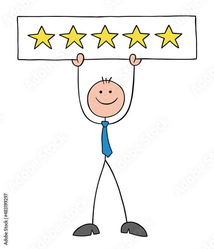 Stickman businessman gives 5 stars to the service or product he receives as a customer, hand drawn cartoon vector illustration