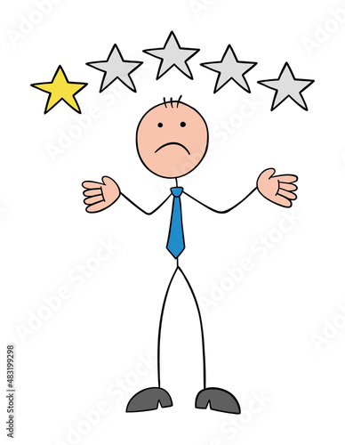 Stickman businessman is unhappy with the service or product as a customer and gives 1 star, hand drawn cartoon vector illustration