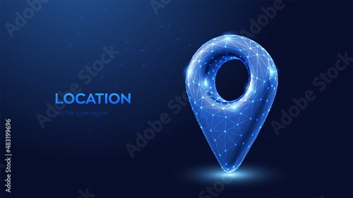 Point of location 3d icon. Low polygonal pointer of map. Low poly wireframe map marker sign. Gps pointer graphic element. Navigation pin point global position system symbol. Vector illustration.