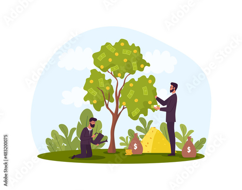 Harvest money tree. Metaphor for successful investors and talented entrepreneurs. Men increase their income, develop company. Financial literacy, wealth and earnings. Cartoon flat vector illustration