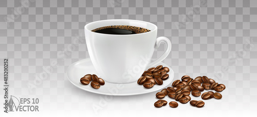 3D Realistic vector illustration white cup of coffee of with coffee beans, americano, espresso, mocha, hot chocolate