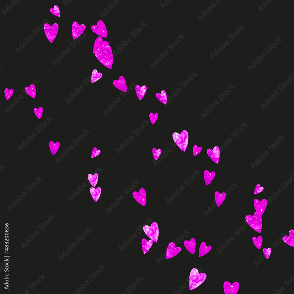 Valentines day heart with pink glitter sparkles. February 14th day. Vector confetti for valentines day heart template. Grunge hand drawn texture. Love theme for voucher, special business ad, banner.
