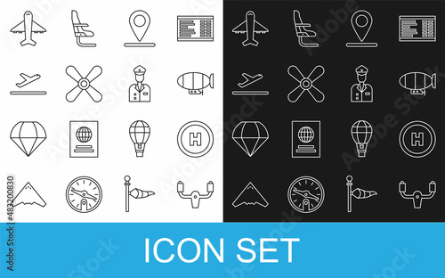 Set line Aircraft steering helm, Helicopter landing pad, Airship, Location, Plane propeller, takeoff, and Pilot icon. Vector