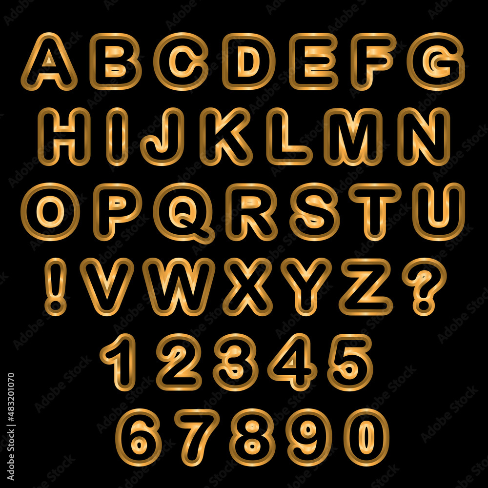 Vector set of capital letters of the Latin alphabet, exclamation and question marks and numbers: 1, 2, 3, 4, 5, 6, 7, 8, 9, 0. Golden neon isolated elements on a black background.