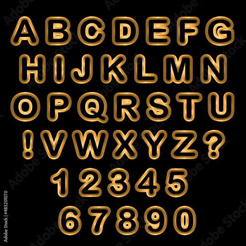 Vector set of capital letters of the Latin alphabet, exclamation and question marks and numbers: 1, 2, 3, 4, 5, 6, 7, 8, 9, 0. Golden neon isolated elements on a black background.