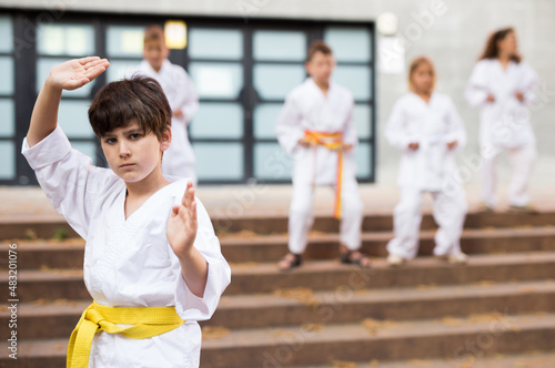 Focused tweenager mastering new karate moves during group class in yard of sports school in summer..