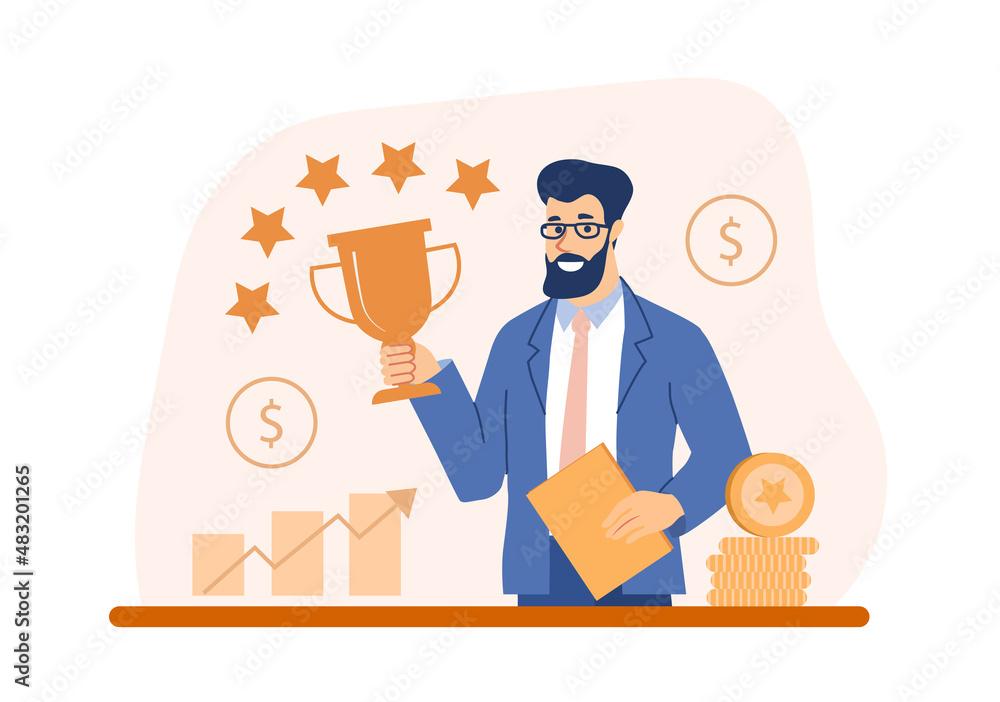 Proud businessman with cup. Experienced businessman holds trophy in his hands. Adult guy increased his profits, development of company. Financial reports, success. Cartoon flat vector illustration
