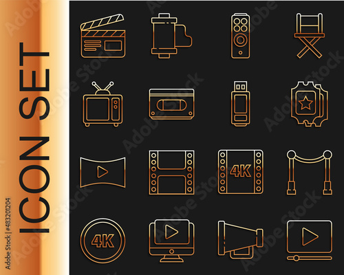 Set line Online play video, Carpet with barriers, Cinema ticket, Remote control, VHS cassette tape, Retro tv, Movie clapper and USB flash drive icon. Vector