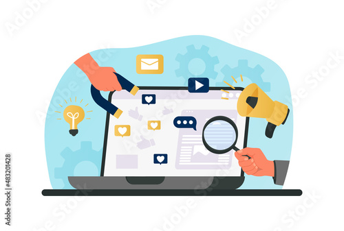 Social media marketing. Hands holding magnifying glass and magnet. Specialists looking for best way to promote content. Marketing research, identifying trends. Cartoon flat vector illustration