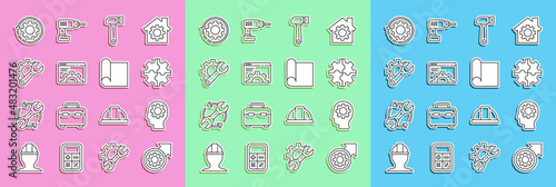 Set line Gear and arrows as workflow process, Human head with gear inside, Hammer, Browser setting, Wrench spanner, and Graphing paper for engineering icon. Vector