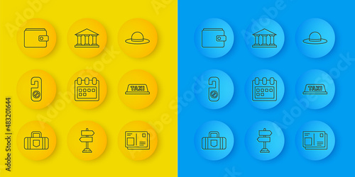 Set line Suitcase, Please do not disturb, Calendar, Passport with visa stamp, Taxi car roof, Wallet, Elegant women hat and Museum building icon. Vector