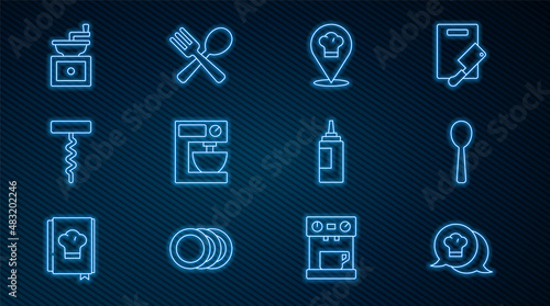 Set line Chef hat in speech bubble, Spoon, with location, Electric mixer, Wine corkscrew, Manual coffee grinder, Sauce bottle and Crossed fork and spoon icon. Vector