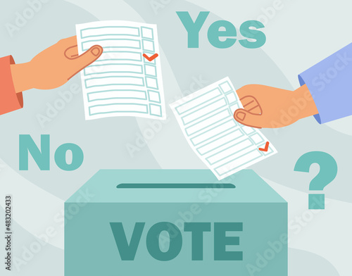 Voting process concept. Man and girl lower completed forms into special box. Counting of votes, democracy and referendum. Freedom of choice and basic human rights. Cartoon flat vector illustration