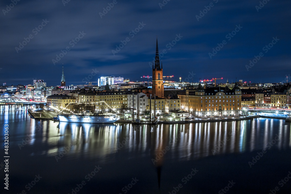 Stockholm night skyline canal cityscape, Gamla Stan. Stockholm Sweden