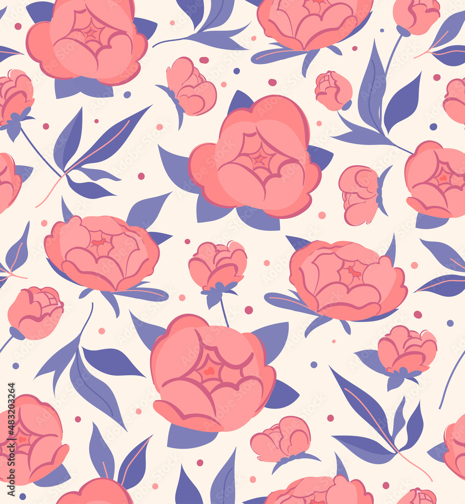 Peony flowers Seamless vector Pattern with leaves in pink and blue color on beige Background. Flat style floral illustration for packaging, wallpaper, cover, poster, template, and more