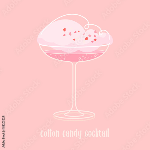 Pink cocktail with cotton candy isolated on pink background. Sparks of cocktail. Valentines day Cocktail Martini Glass. Mid-Century Modern style