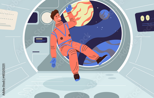 Astronaut in space. Man in rocket in zero gravity. Young attractive guy. Exploration of other galaxies, adventures and travel. Unexplored, modern technologies. Cartoon flat vector illustration