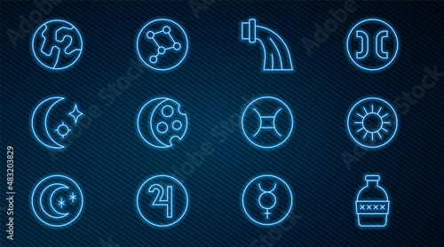 Set line Bottle of water, Sun, Aquarius zodiac, Eclipse the sun, Moon and stars, Earth globe, Gemini and Great Bear constellation icon. Vector