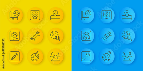 Set line Wrench spanner, Gold nugget, Drone, Oil money, Magnifying glass with globe, Earth and book, Oilfield and Archeology icon. Vector